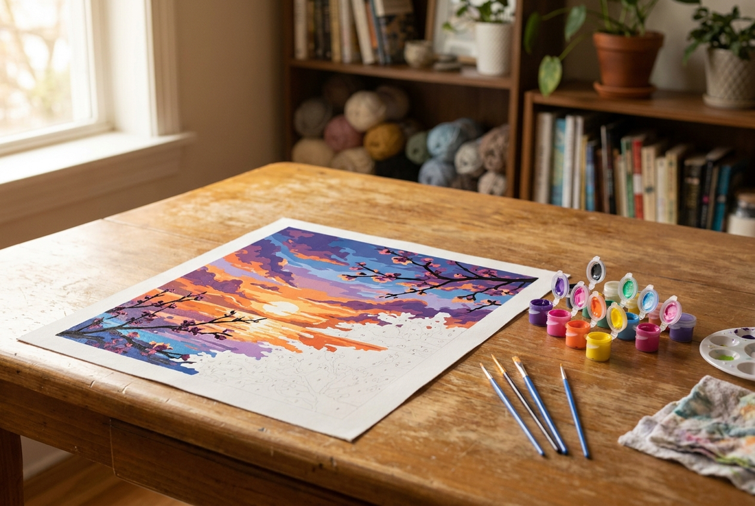Anime paint by numbers canvas with vibrant sunset sky and cherry blossom artwork