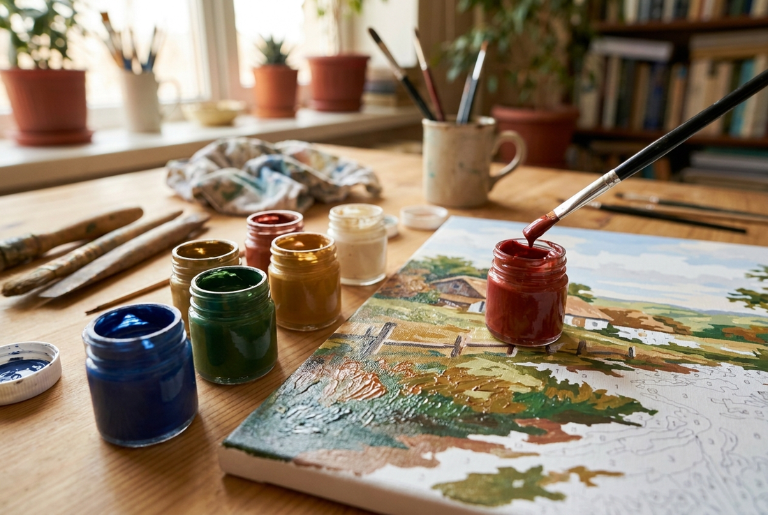 Acrylic paint by numbers guide: small paint pots and brush beside numbered canvas