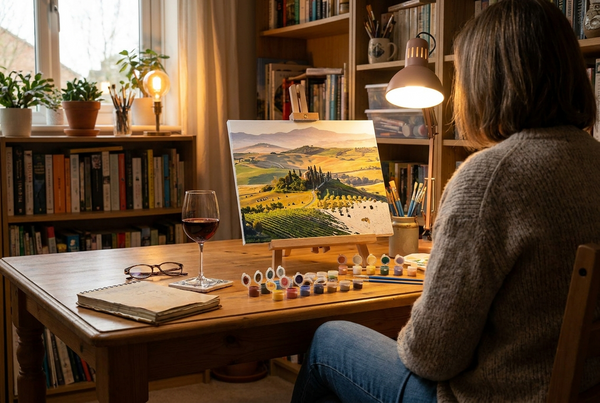 Adult paint by numbers: painter working on a landscape canvas in a cosy hobby room