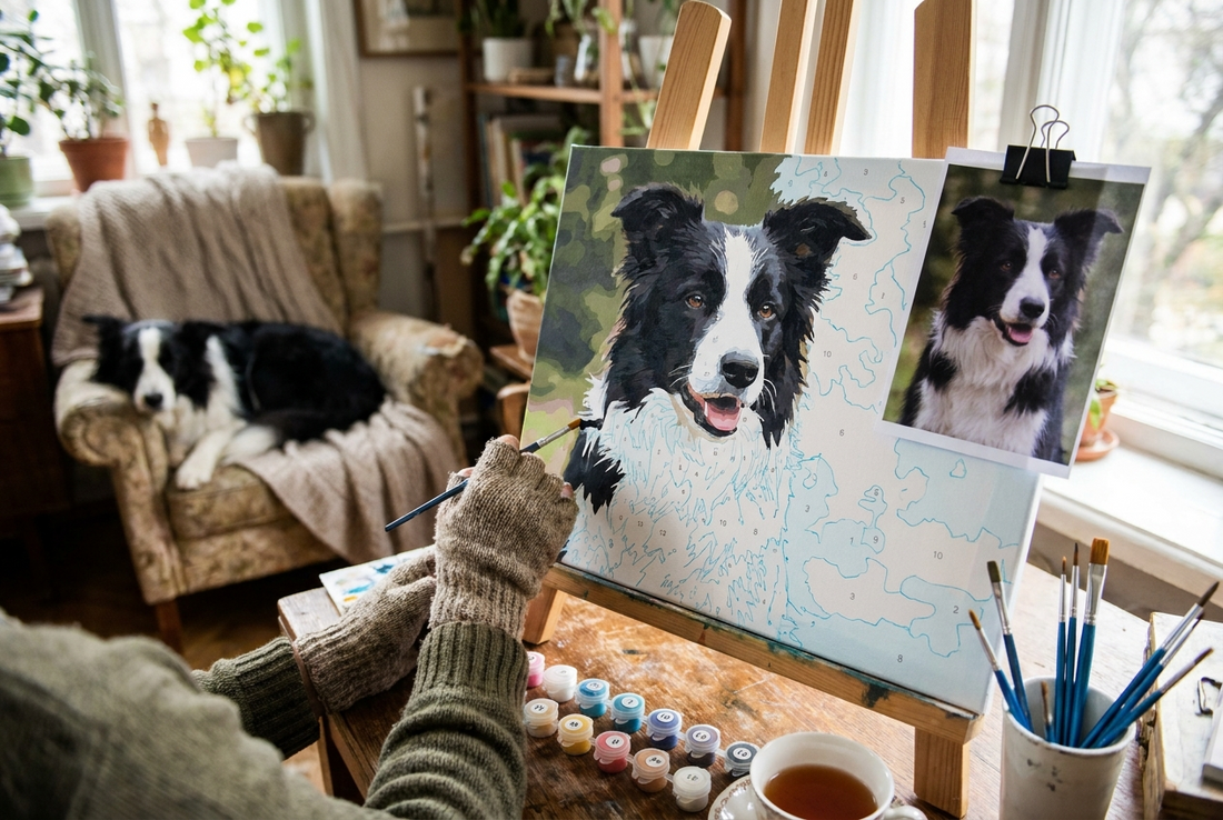 Hands painting a custom pet paint by numbers canvas of a border collie portrait