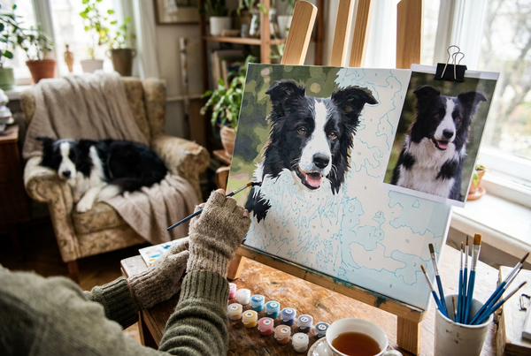 Hands painting a custom pet paint by numbers canvas of a border collie portrait