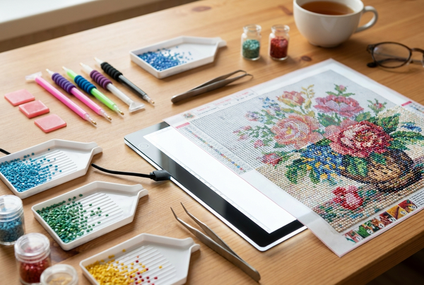 Diamond painting accessories including pens, wax pads, sorting trays and a light pad