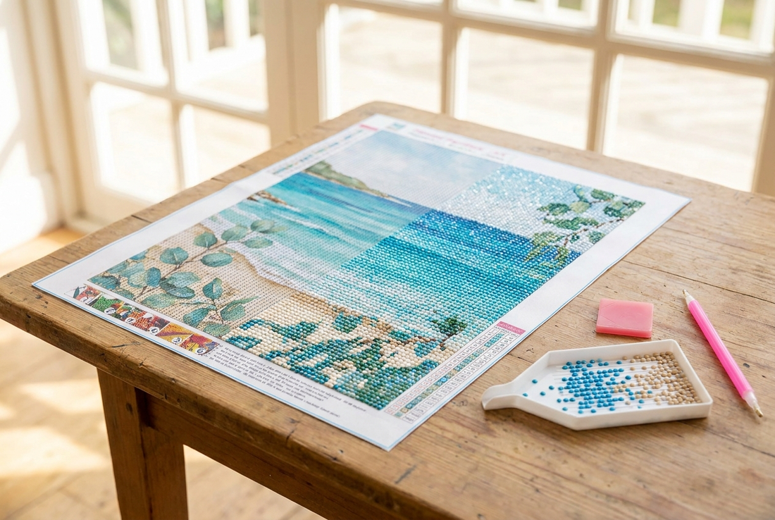 Coastal diamond painting canvas with turquoise drills, pen and trays in an Australian home