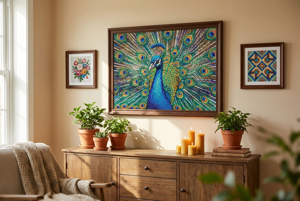 Framed finished diamond painting of a peacock displayed on a living room gallery wall