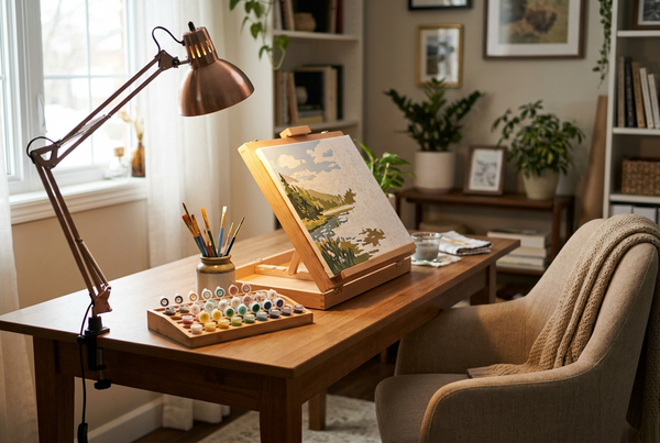 Paint by numbers workspace setup with easel, desk lamp, organised paint pots and brushes