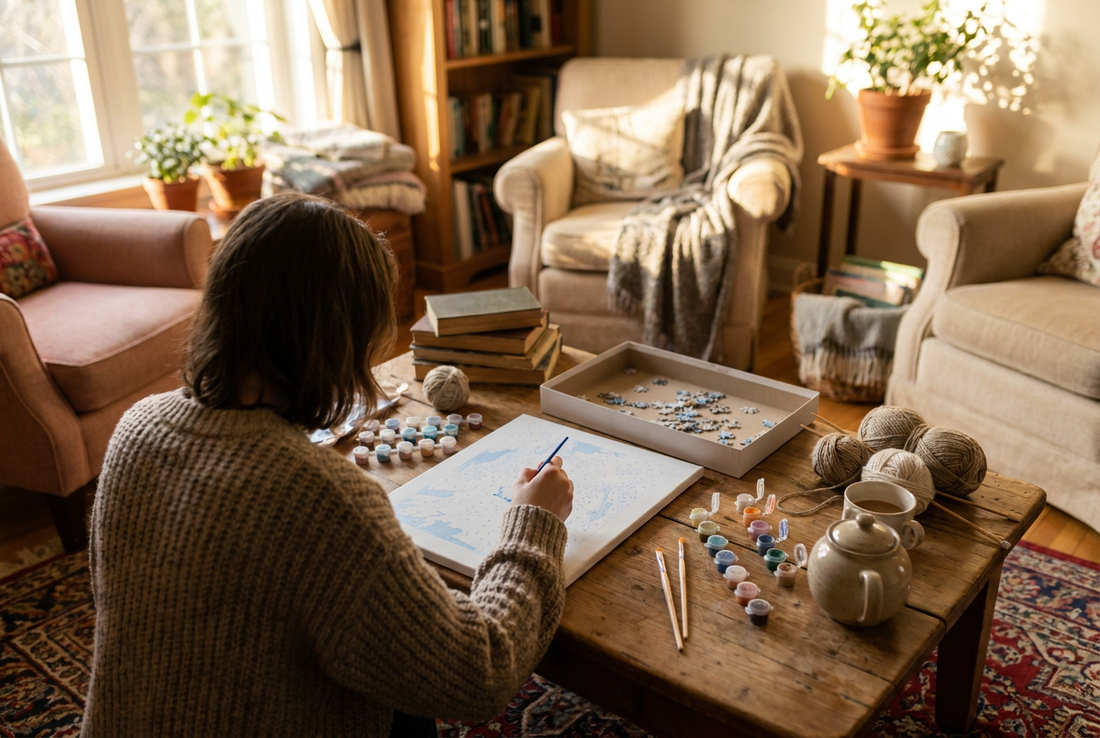 Person enjoying screen-free hobbies for adults, painting a canvas beside books and tea