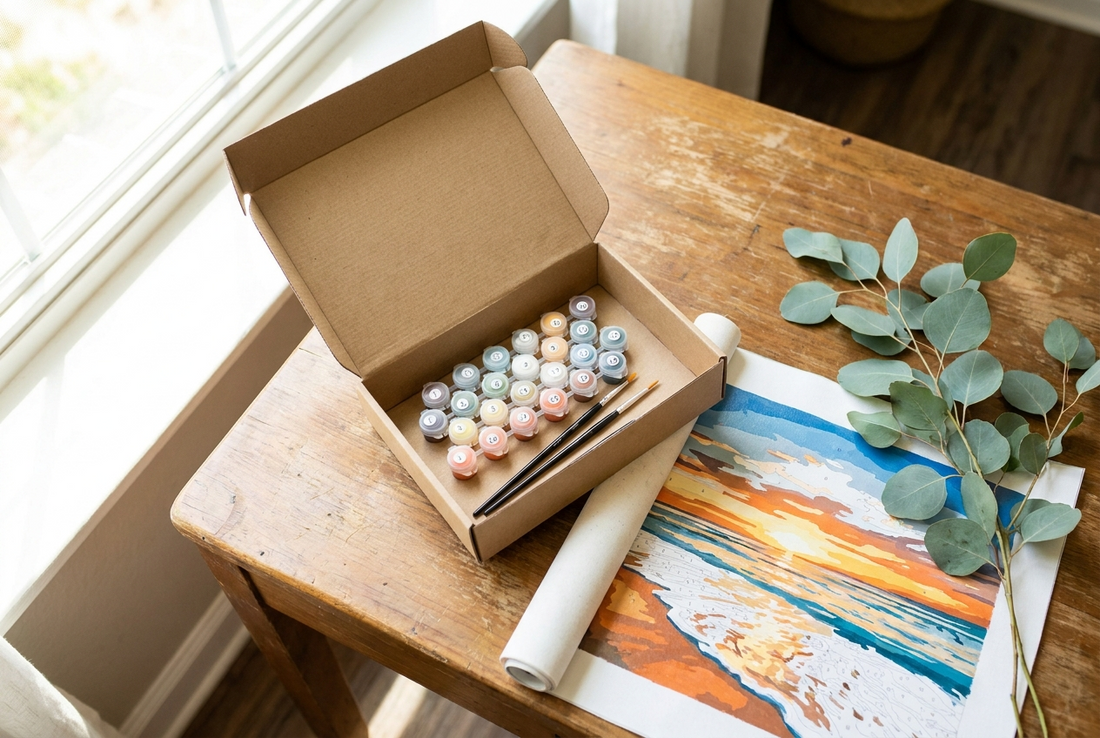 Paint by numbers Australia kit unboxed with rolled canvas, paint pots and eucalyptus sprig