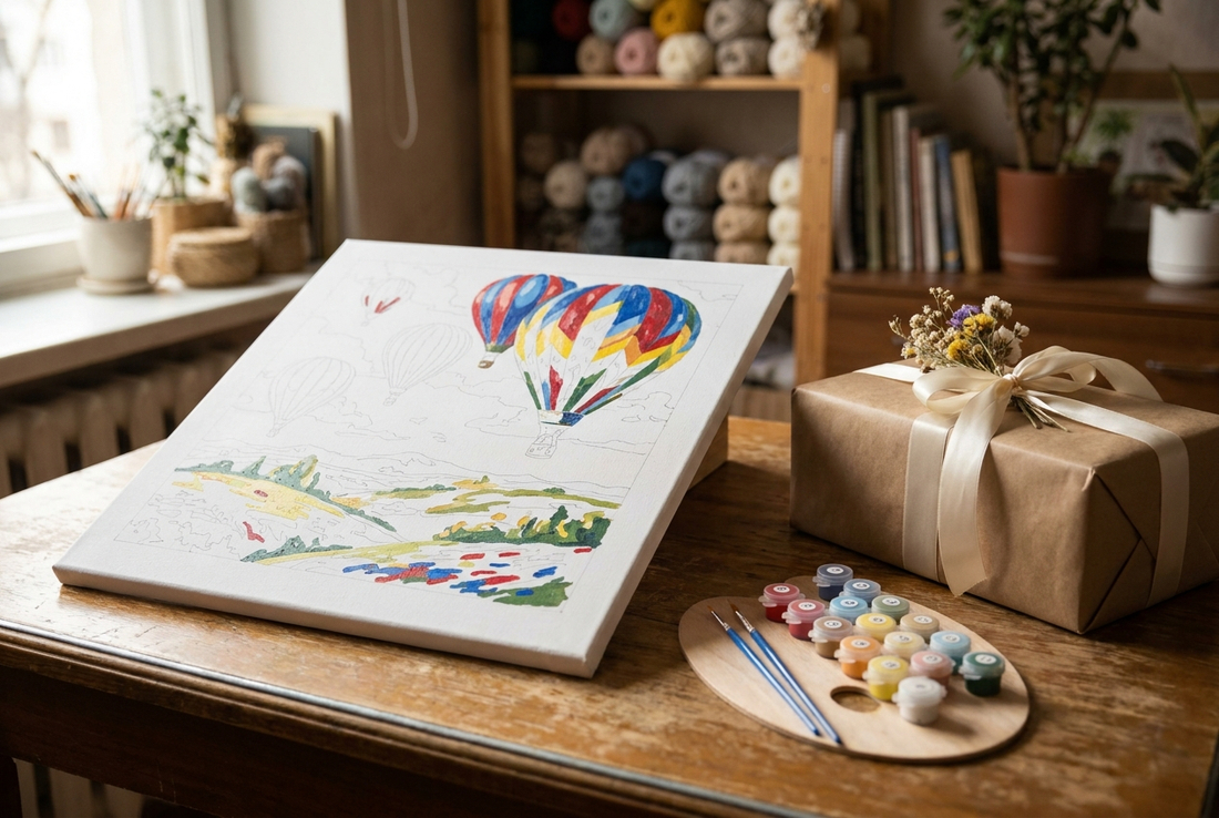 Paint by numbers birthday gift with balloon canvas, wrapped present and ribbon