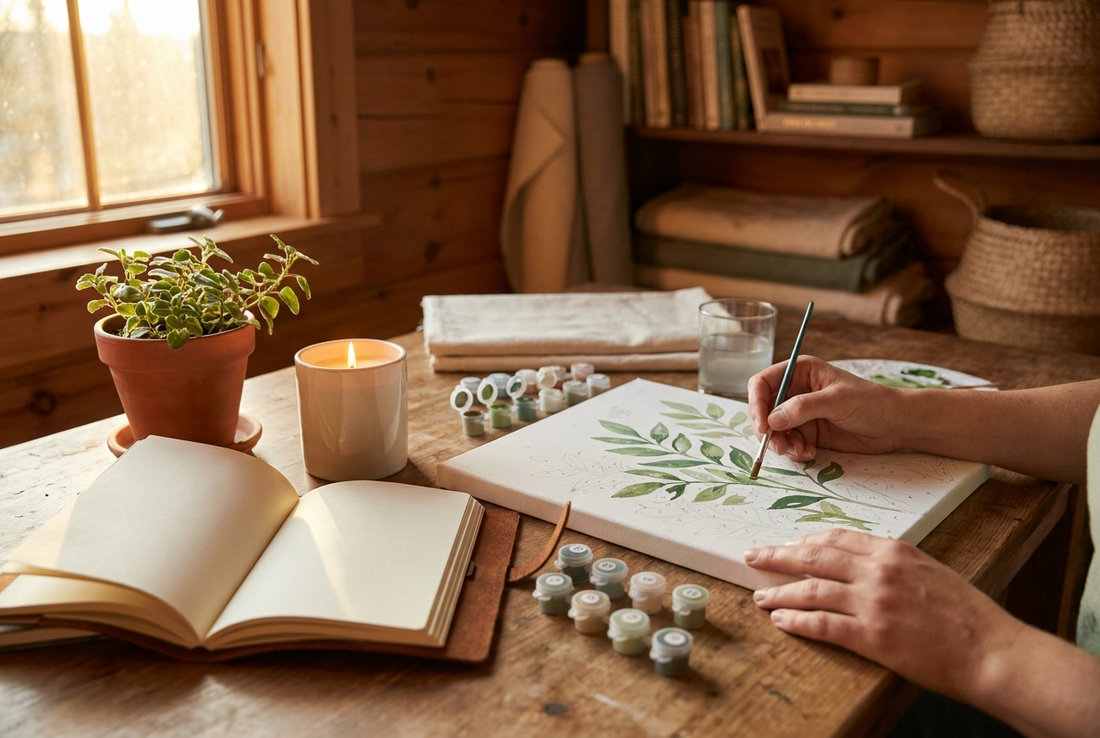 Art therapy at home: peaceful paint by numbers session with candle and journal