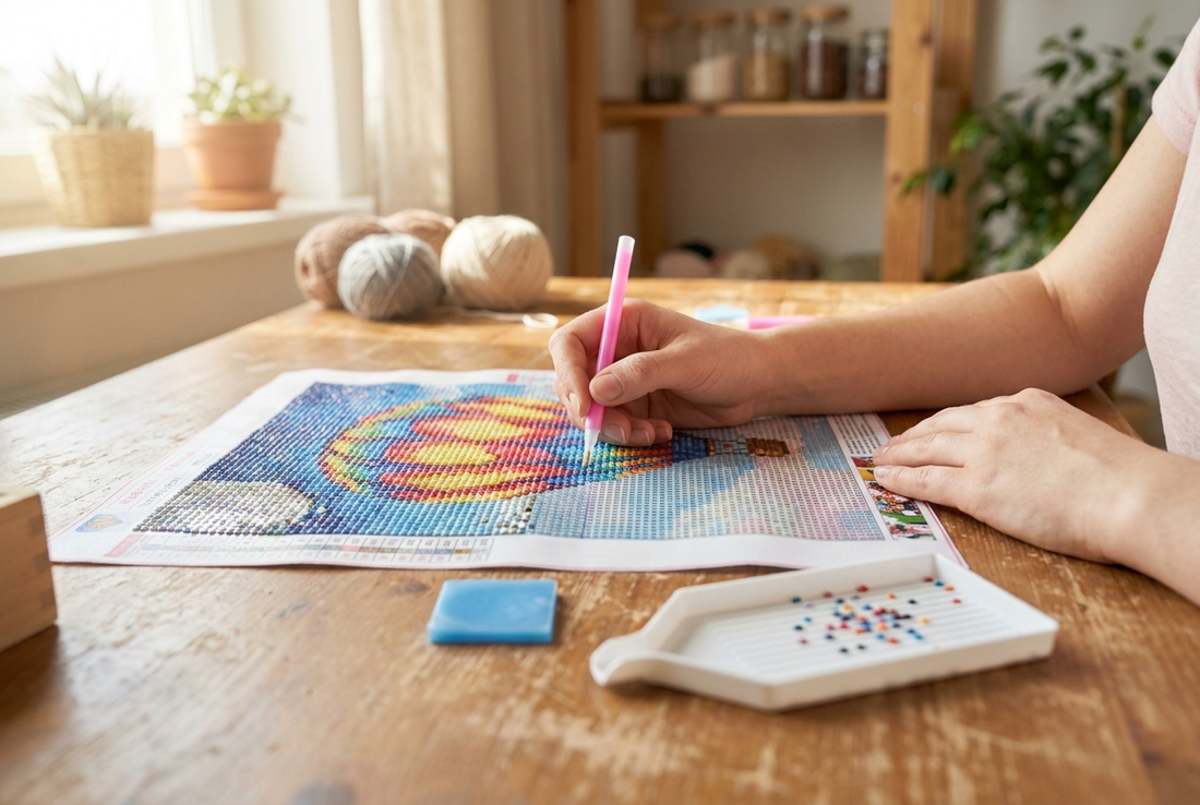 Beginner placing first drills on a diamond painting canvas with pen and sorting tray