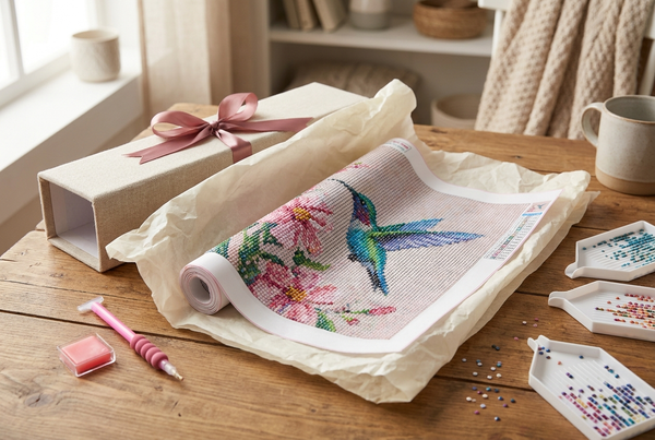 Diamond painting gift kit with hummingbird canvas, ribboned box and sorting trays