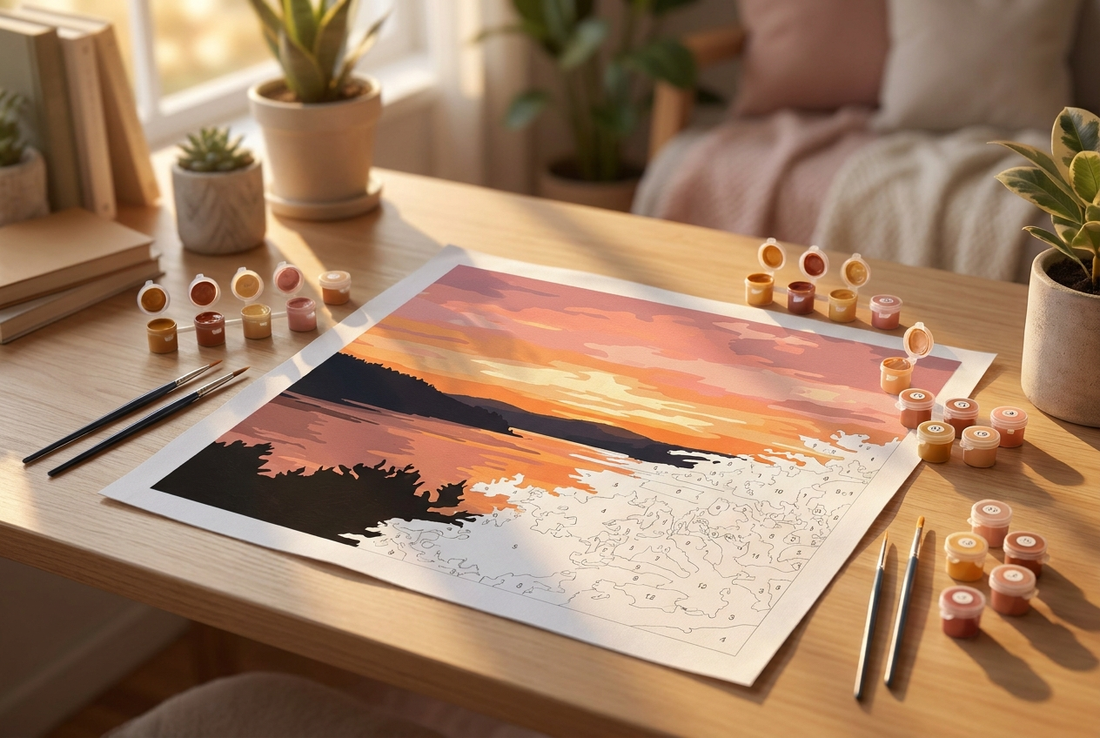 Sunset paint by numbers canvas with glowing orange sky, paint pots and brushes
