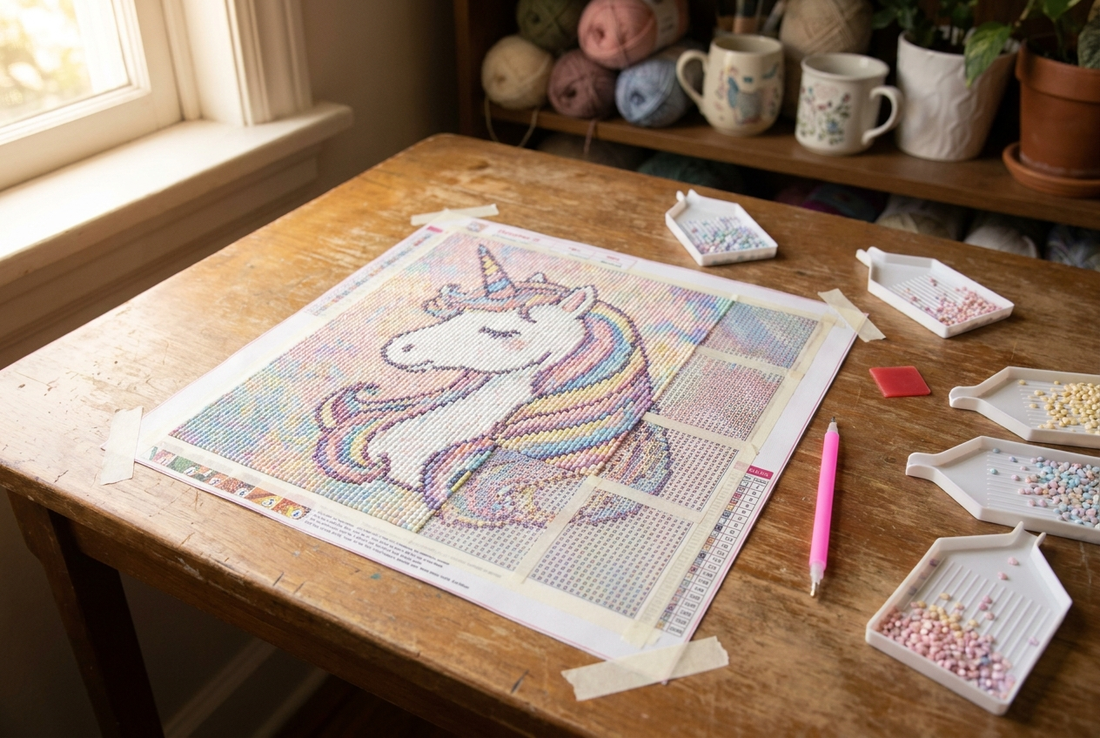 Unicorn diamond painting in progress with pastel drills, applicator pen and sorting trays