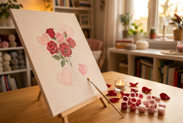 Valentine's paint by numbers canvas of red roses with rose petals and candle