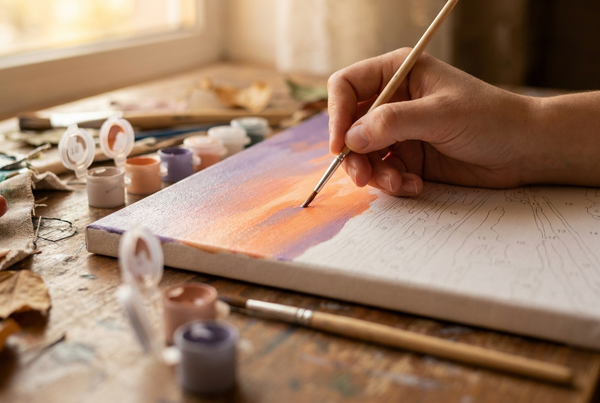 Close-up of paint by numbers blending techniques creating a smooth sky gradient