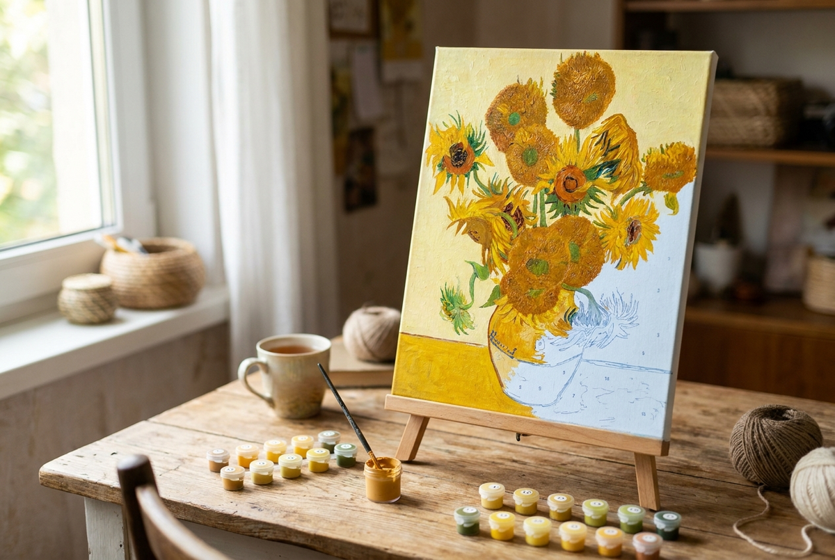 Van Gogh paint by numbers canvas of sunflowers in post-impressionist style on an easel
