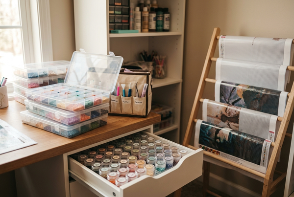 Diamond painting storage solutions with sorted drill cases, jars and canvas rack