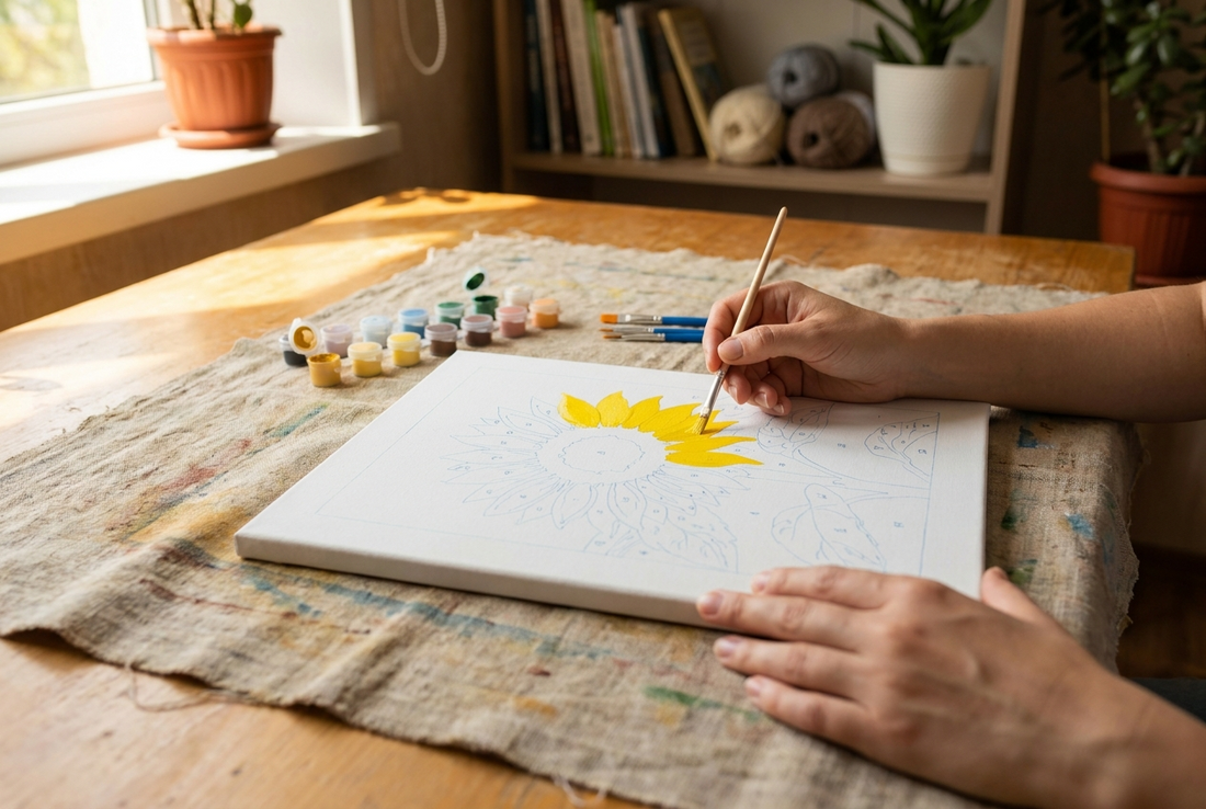 Hands starting an easy paint by numbers sunflower canvas with numbered paint pots