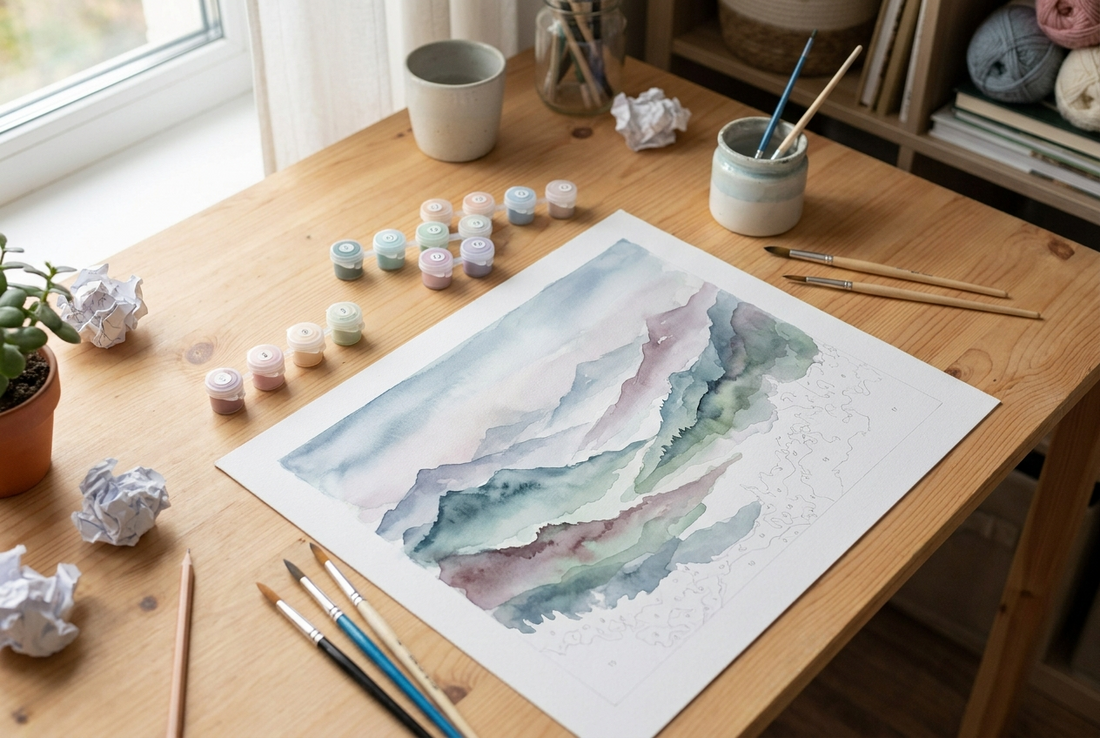 Watercolour paint by numbers canvas of misty mountains in soft pastel washes