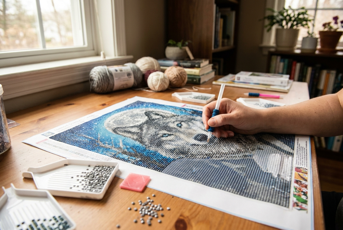Wolf diamond painting in progress with applicator pen, wax pad and sorted drills