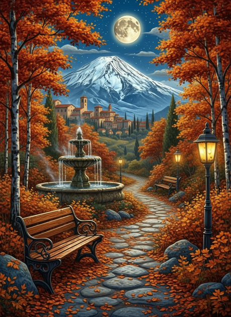 Moonlit Fountain (100 Color Diamond Painting) Diamond Painting kit