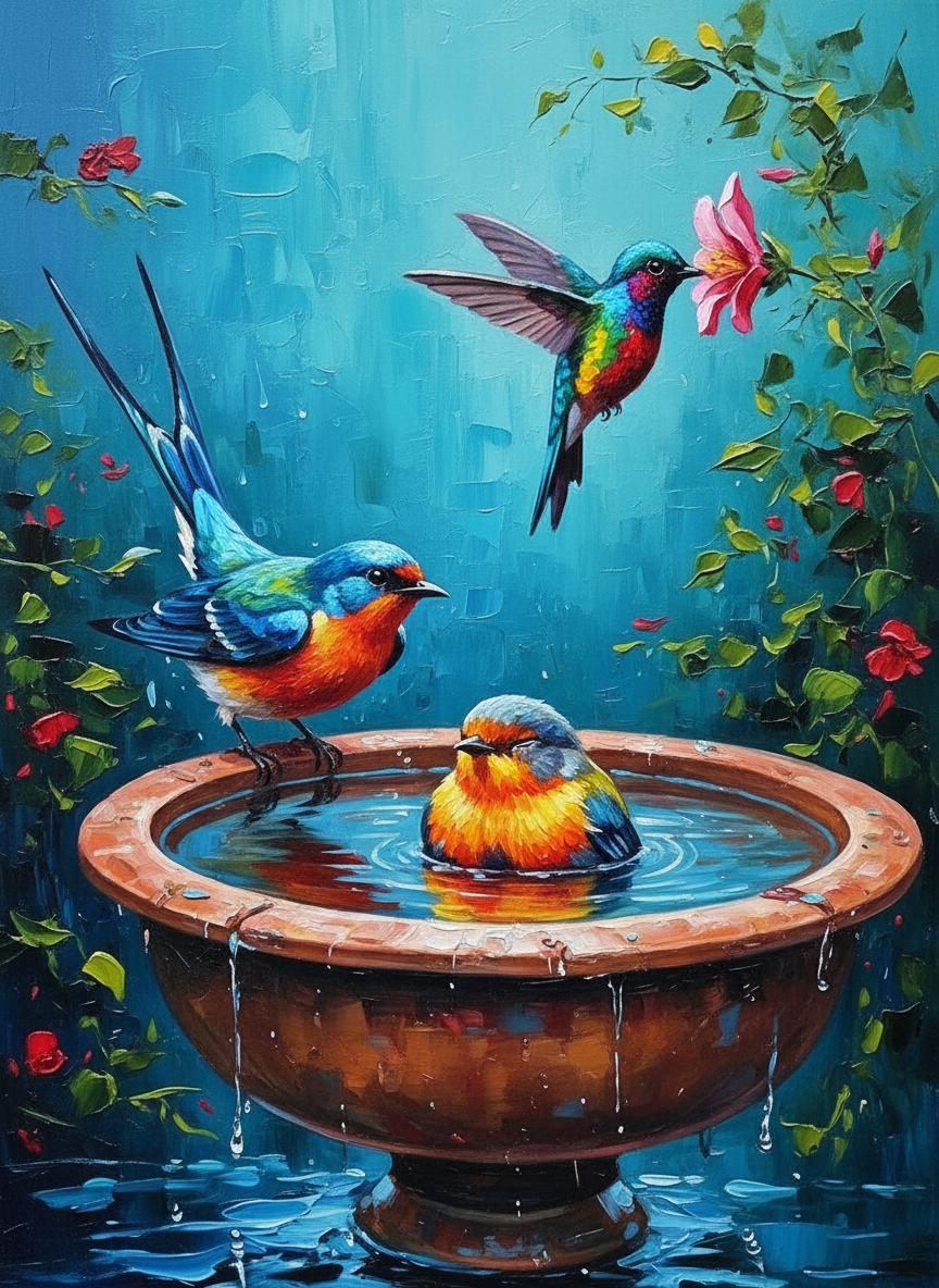 Bluebirds at the Fountain (Board Canvas)