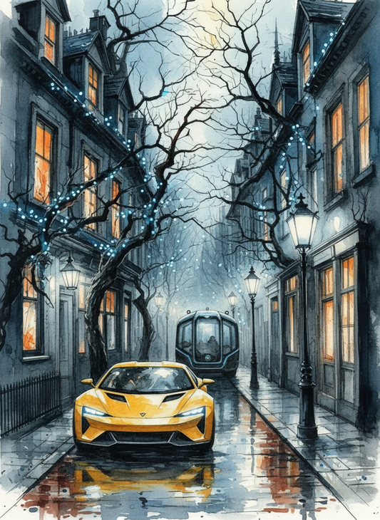 Golden Car on Foggy Street