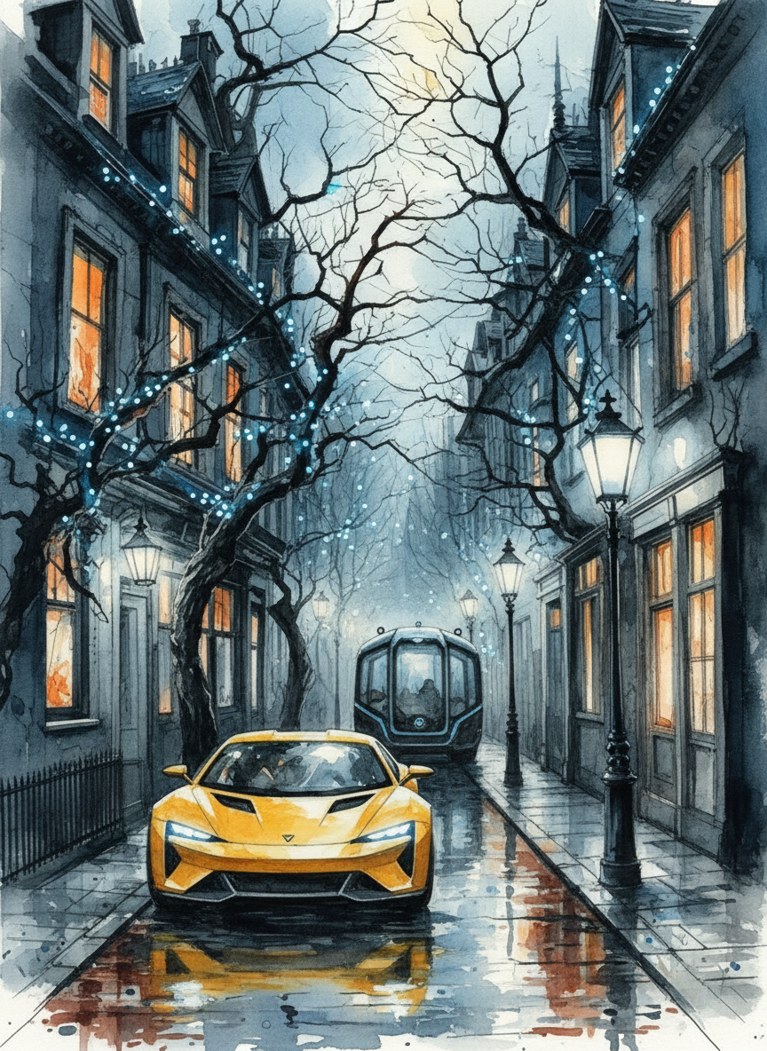 Golden Car on Foggy Street (Board Canvas)