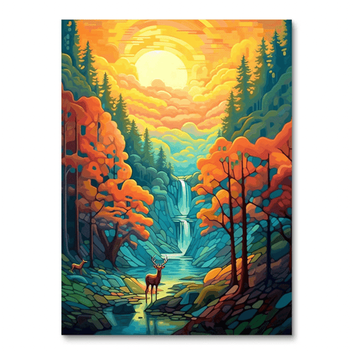 Deer at the Forest Cascade (Diamond Painting)
