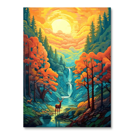 Deer at the Forest Cascade (Diamond Painting)
