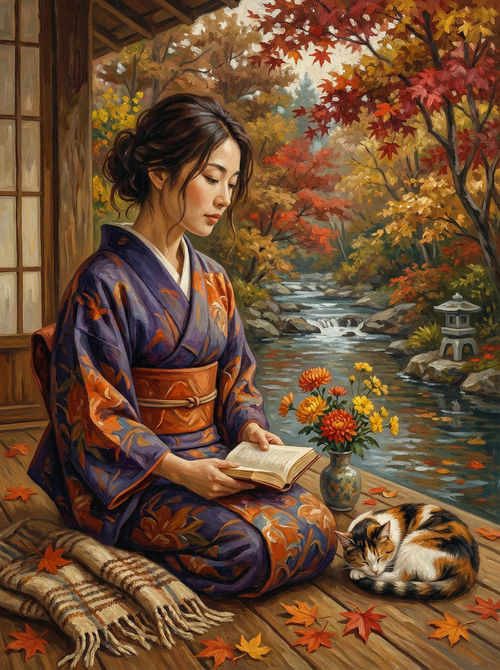Autumn Riverside Reading (Board Canvas)