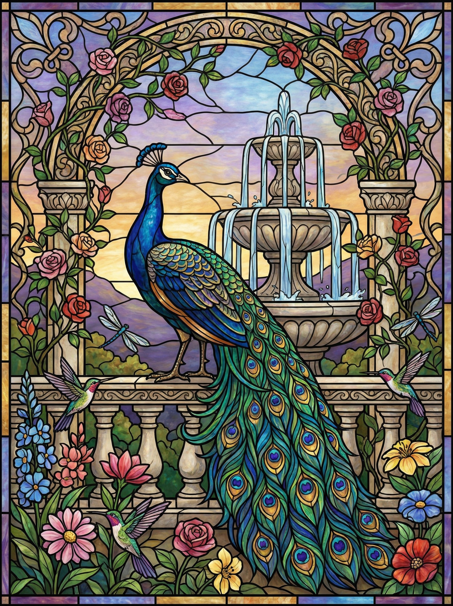 Peacock Garden Fountain (100 Color Diamond Painting) Diamond Painting kit