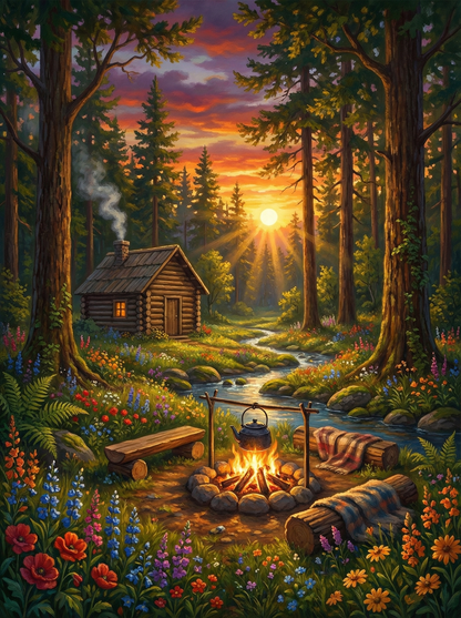 Sunset Forest Cabin Campfire (100 Color Diamond Painting)