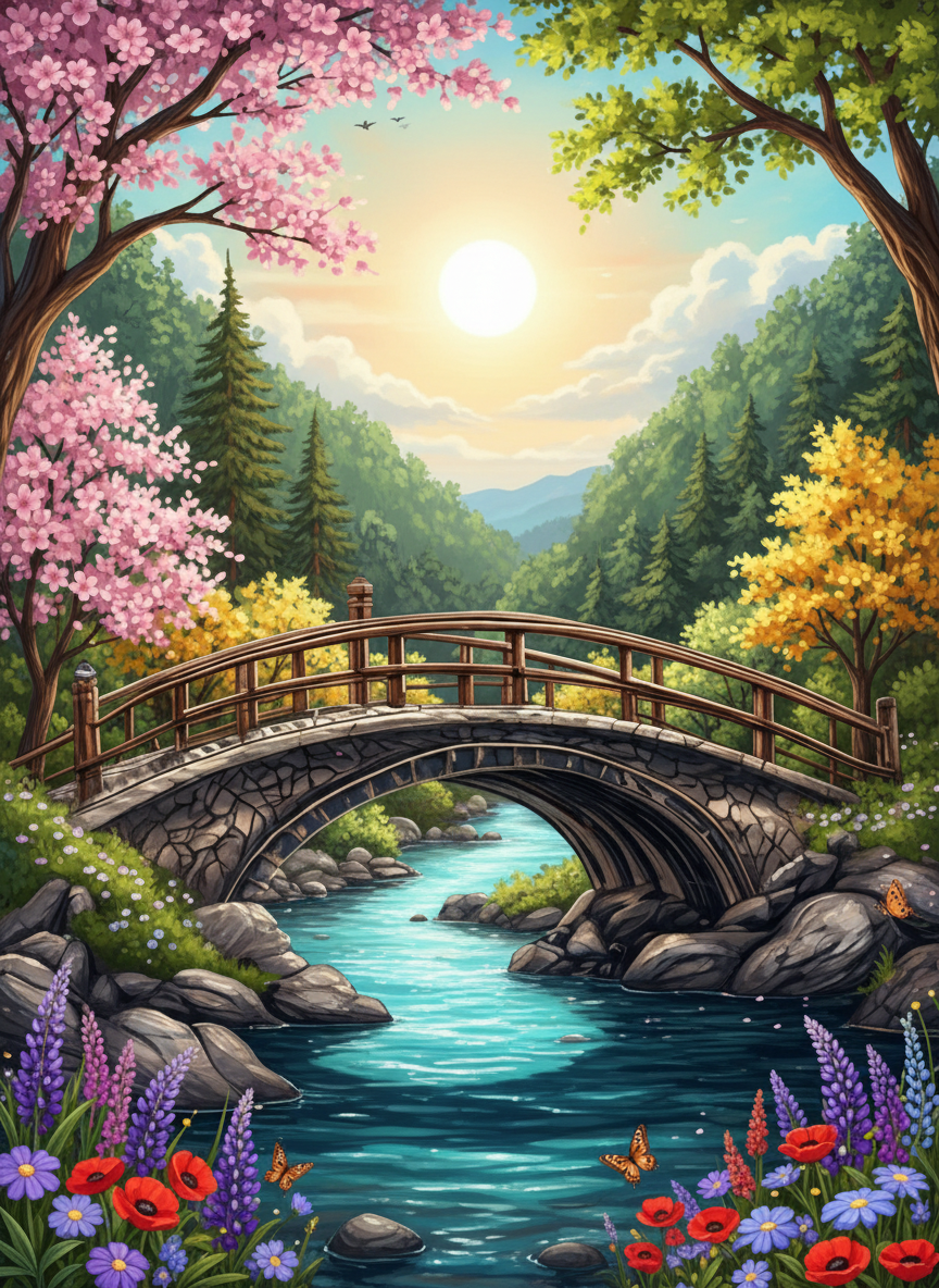 Sunlit Bridge (100 Color Diamond Painting) Diamond Painting kit