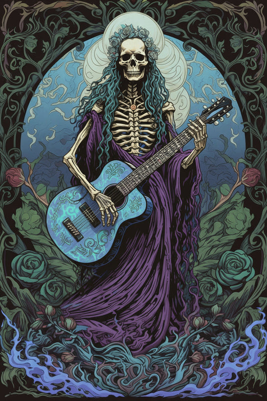 Skeleton, Blue Guitar, & Roses (Board Canvas)