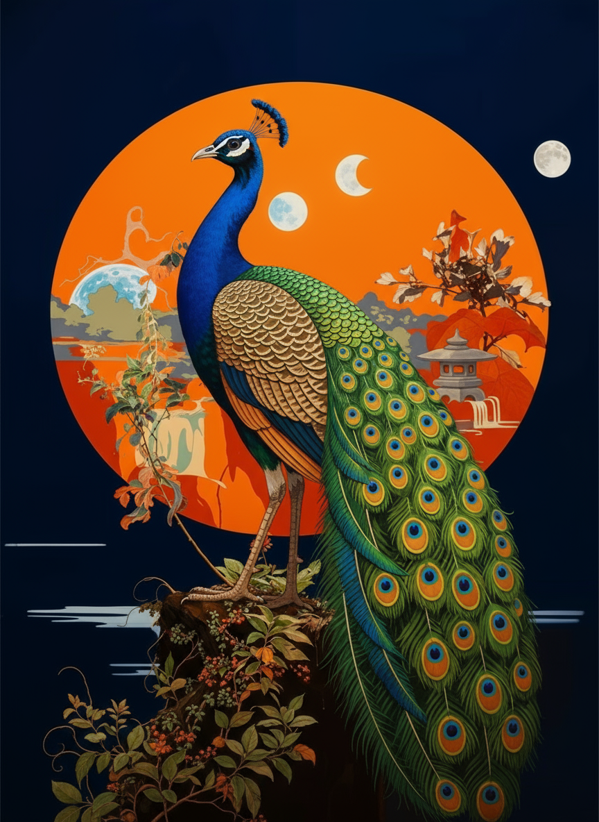 Peacock Beneath the Moons (Board Canvas)