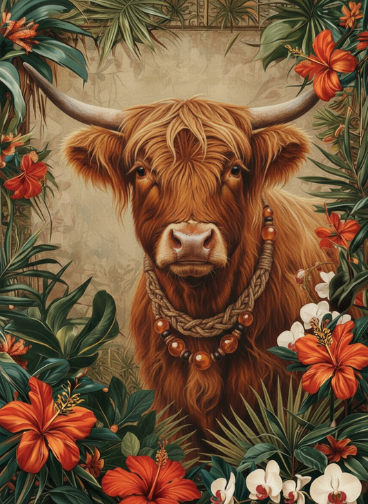 Lei’d Back Highland Cow (Board Canvas)