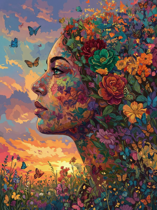 Blooming Flowers Butterflies Woman (100 Color Diamond Painting)