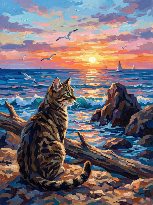 Cat by the Ocean at Sunset