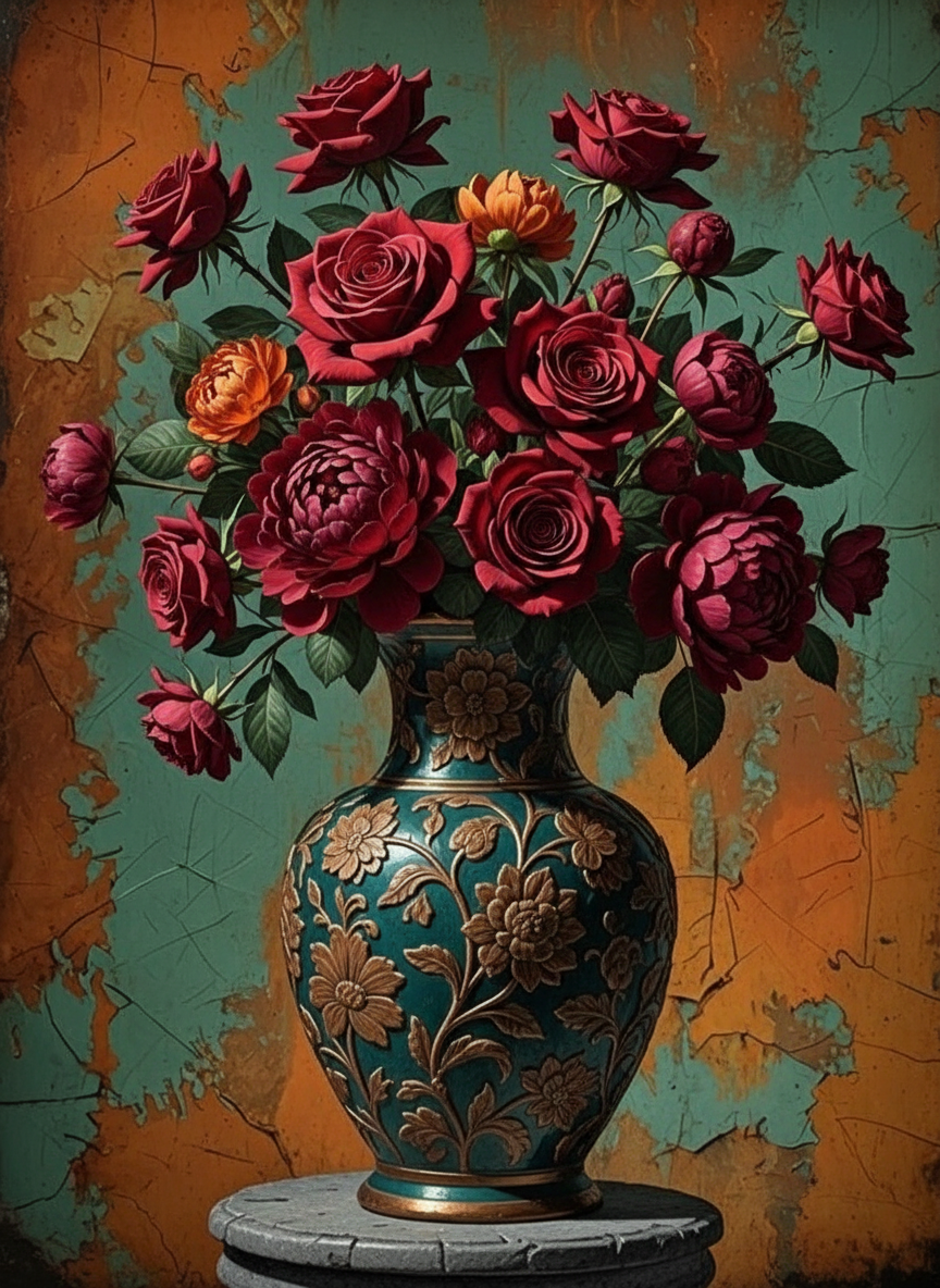 Crimson Roses in Ornate Vase (Board Canvas)