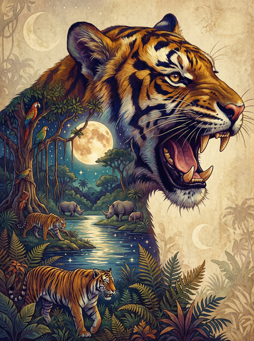 Moonlit Tiger Roar (100 Color Diamond Painting)