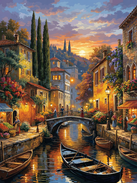 Sunset Italian Canal Village (100 Color Diamond Painting) Diamond Painting kit