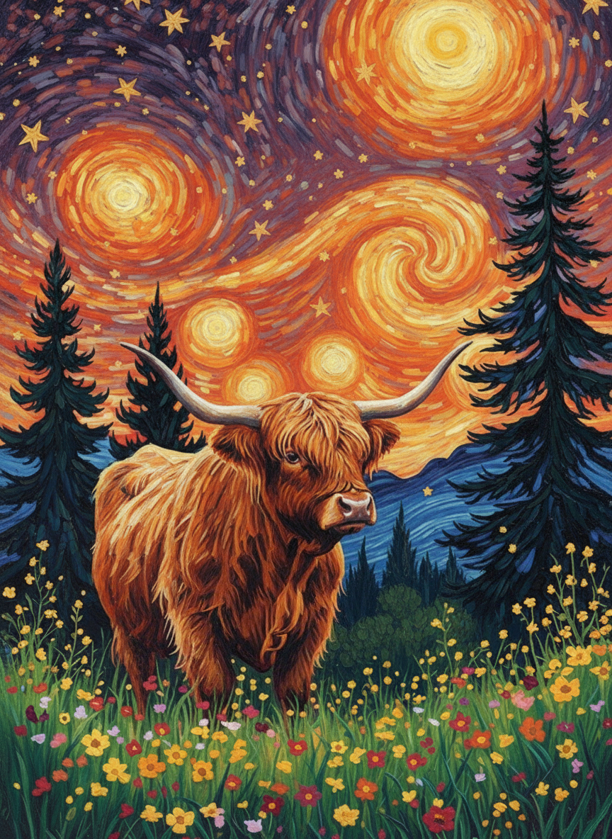 Highland Cow Night of Becoming (Board Canvas)