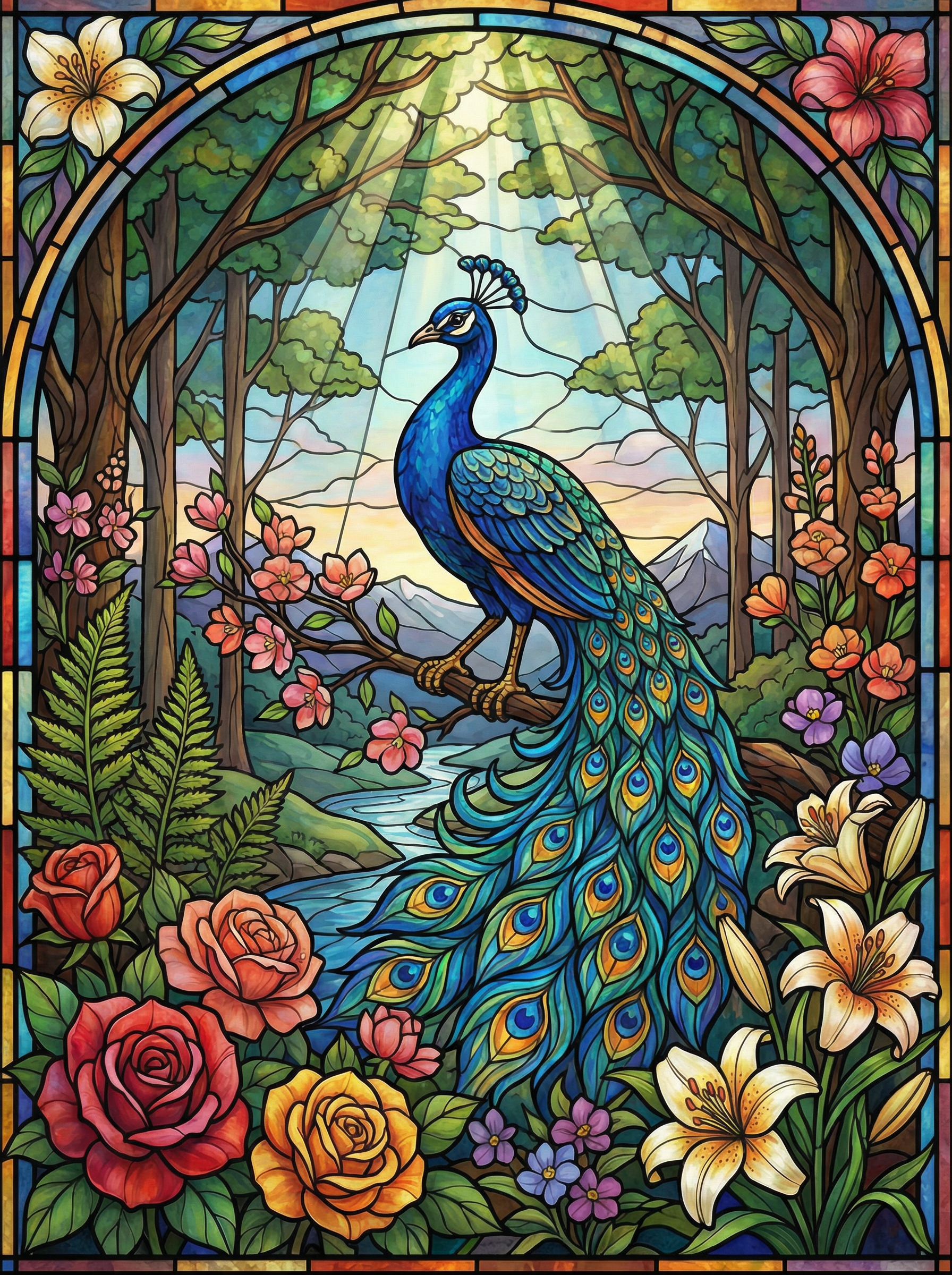 Sunlit Peacock Grove (100 Color Diamond Painting) Diamond Painting kit