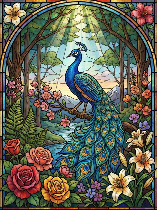 Sunlit Peacock Grove (100 Color Diamond Painting) Diamond Painting kit