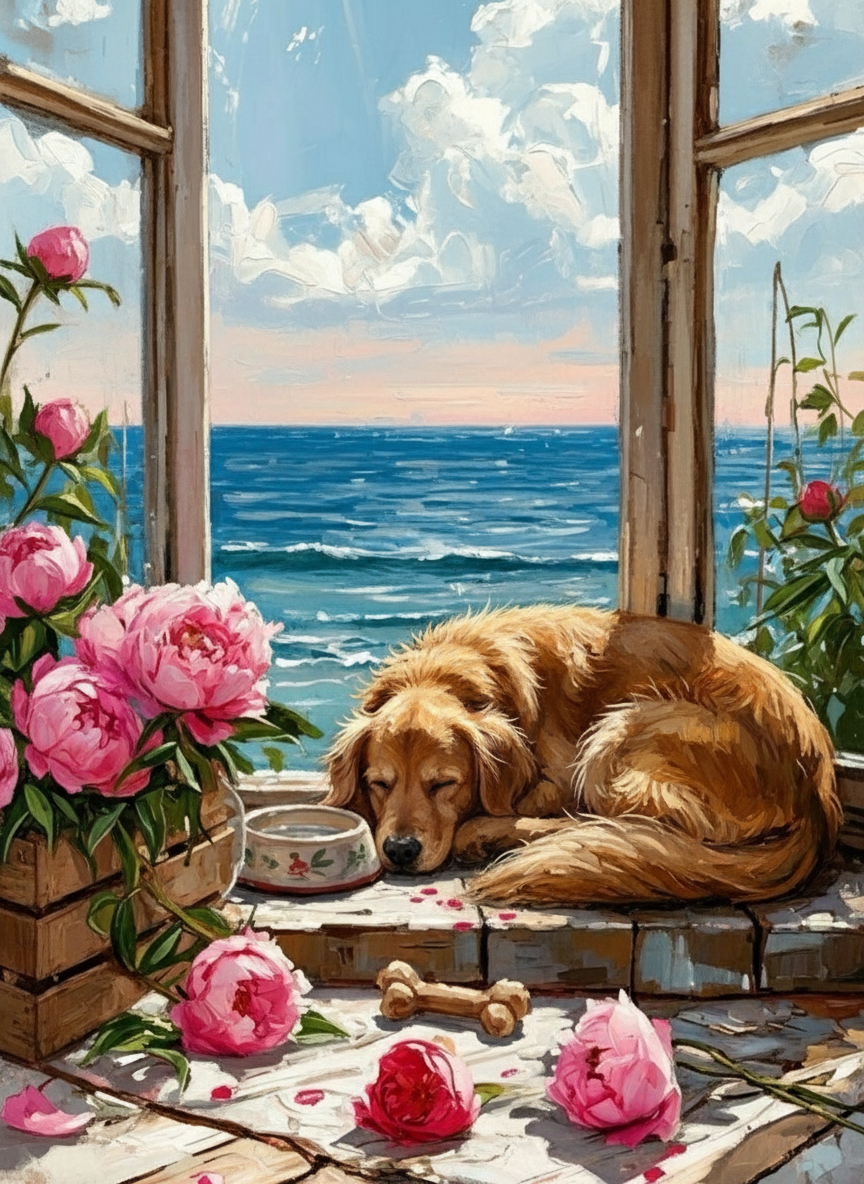 Golden Retriever by the Sea Window (Board Canvas)