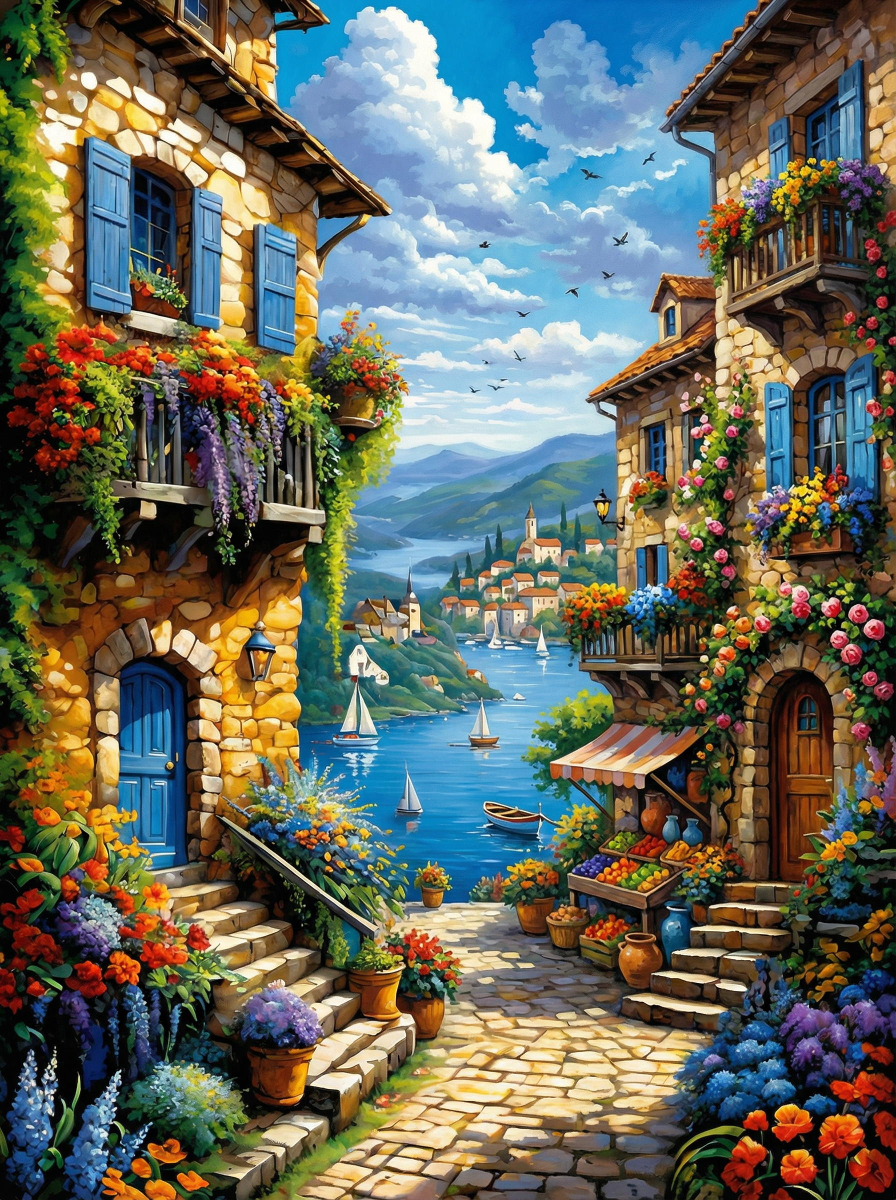Mediterranean Village View (100 Color Diamond Painting)