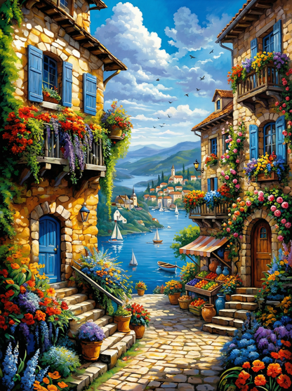 Mediterranean Village View (100 Color Diamond Painting)
