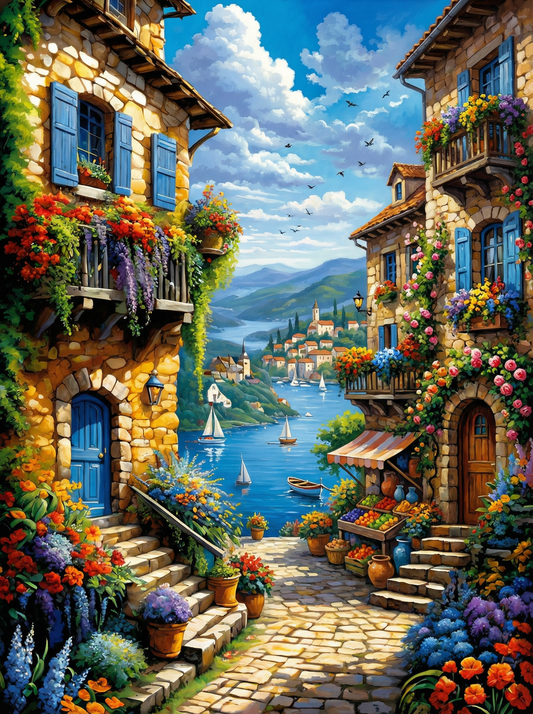 Mediterranean Village View (100 Color Diamond Painting)