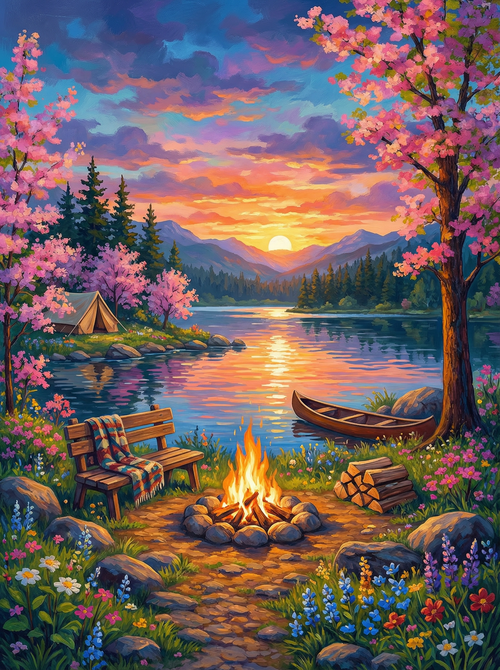 Lakeside Sunset Campfire (Board Canvas)